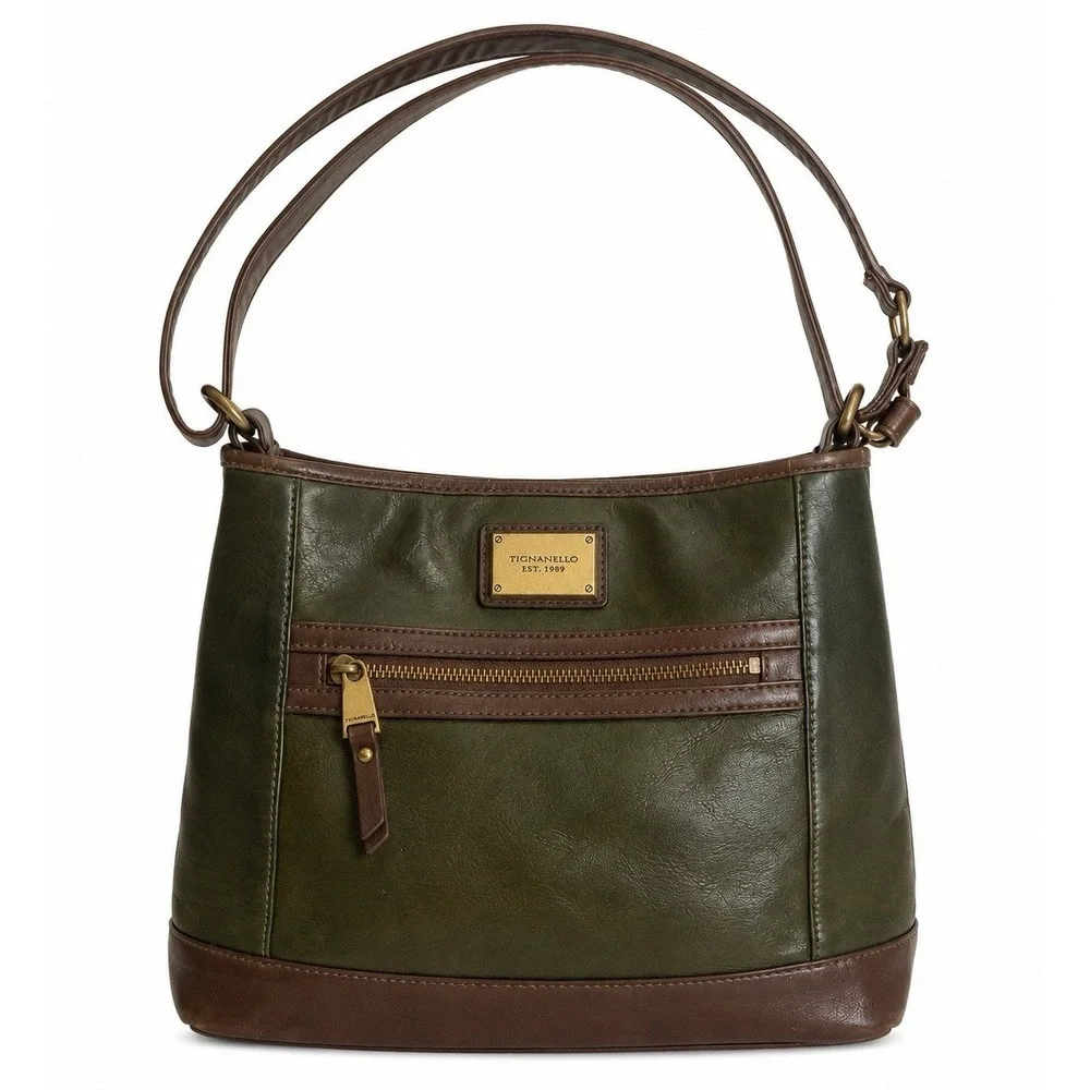 Tignanello Olive Brown Medium Shoulder Bag Hobo Purse Brass‎ Zip Vintage